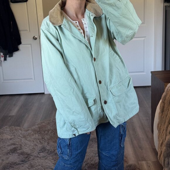 LL Bean Barn Chore Coat Womens XL Corduroy Trim Retro Field Jacket Workwear Mint - Picture 3 of 11
